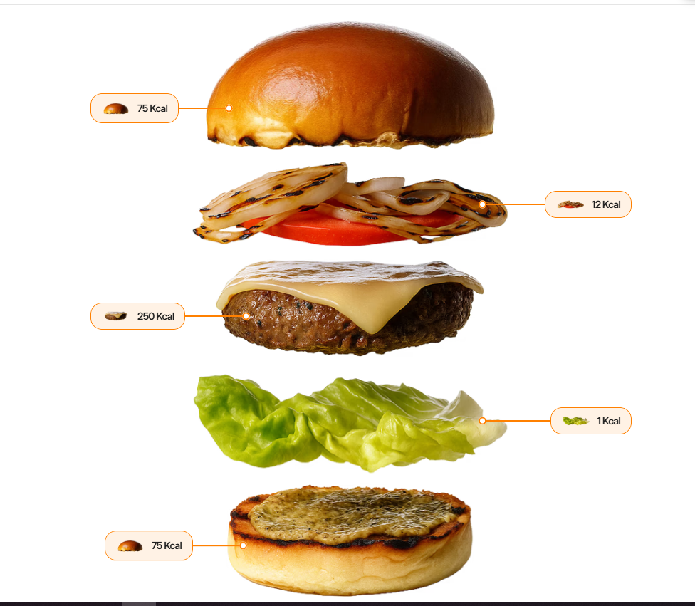 Hambúrguer destrinchado com calorias de cada ingrediente: pão 75 kcal, cebola e tomate 12 kcal, carne com queijo 250 kcal, alface 1 kcal e pão inferior 75 kcal